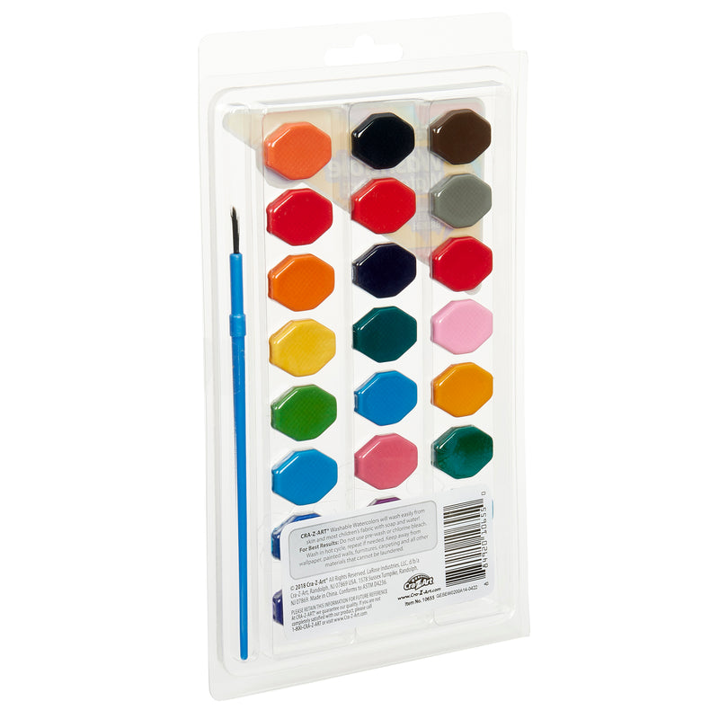 A plastic case containing Cra-Z-Art 24 Color Washable Watercolors: Vibrant Palette for Creative Kids & Art Enthusiasts! and a blue-handled paintbrush.