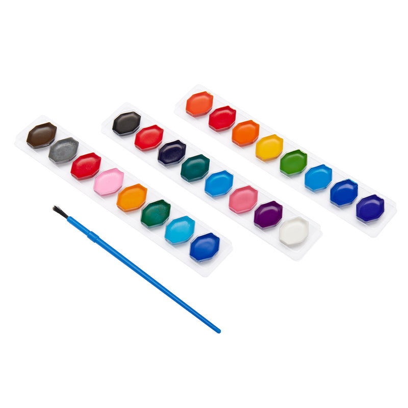 Three trays of Cra-Z-Art 24 Color Washable Watercolors: Vibrant Palette for Creative Kids & Art Enthusiasts! in various colors, along with a blue paintbrush.