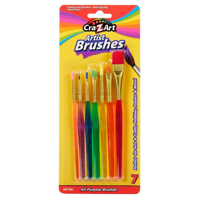 Package of Cra-Z-Art Artist Brushes 7 Count containing seven variously sized and colored brushes, designed for arts and crafts.