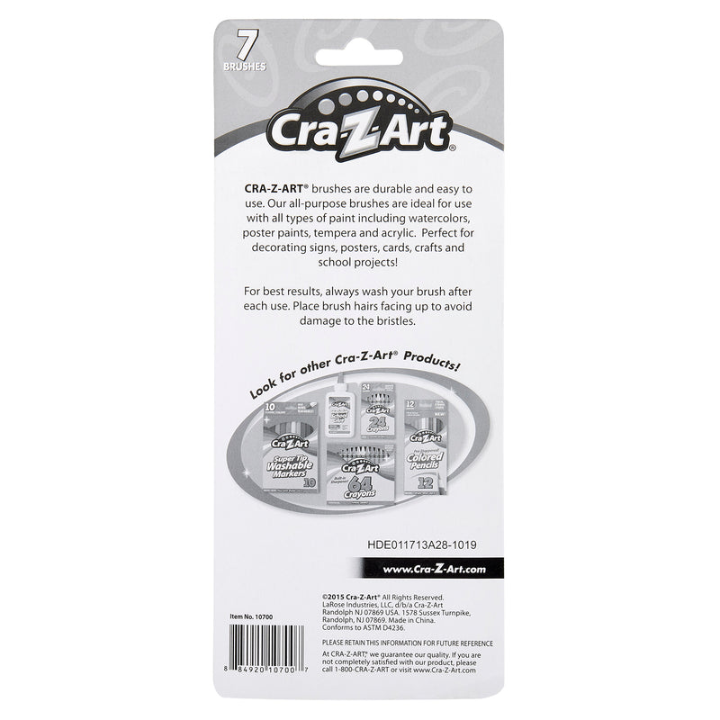 Packaging of Cra-z-art Artist Brushes 7 Count with product description and usage recommendations. The back side features usage tips, a product code, and images of other Cra-Z-Art products.
