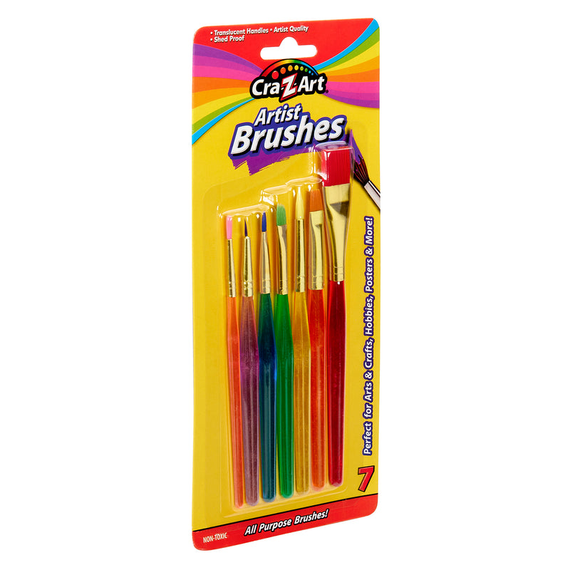 A package of Cra-z-art Artist Brushes 7 Count containing seven multicolored brushes. The packaging notes "All Purpose Brushes!" and is designed for arts and crafts, hobbies, home, and school use.