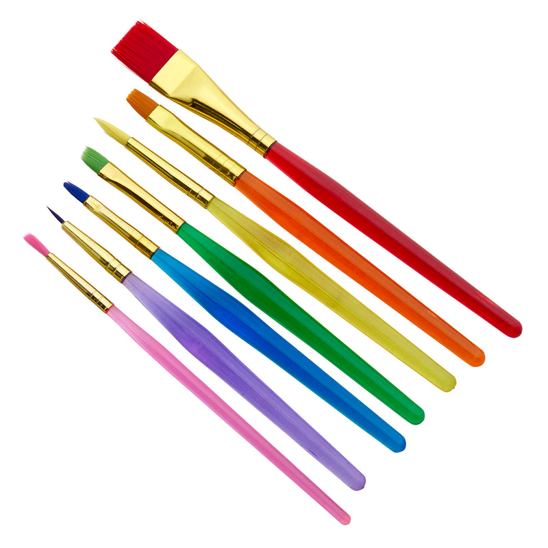 A set of Cra-z-art Artist Brushes 7 Count in varying sizes and shapes, with handles in red, orange, yellow, green, blue, purple, and pink, arranged in a diagonal line.