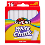 A box of 16 ct. White Chalk, peggable box containing 16 long-lasting sticks. The box is red with a rainbow design and promotes being non-toxic with less breakage.
