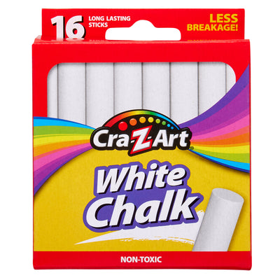 A box of 16 ct. White Chalk, peggable box containing 16 long-lasting sticks. The box is red with a rainbow design and promotes being non-toxic with less breakage.