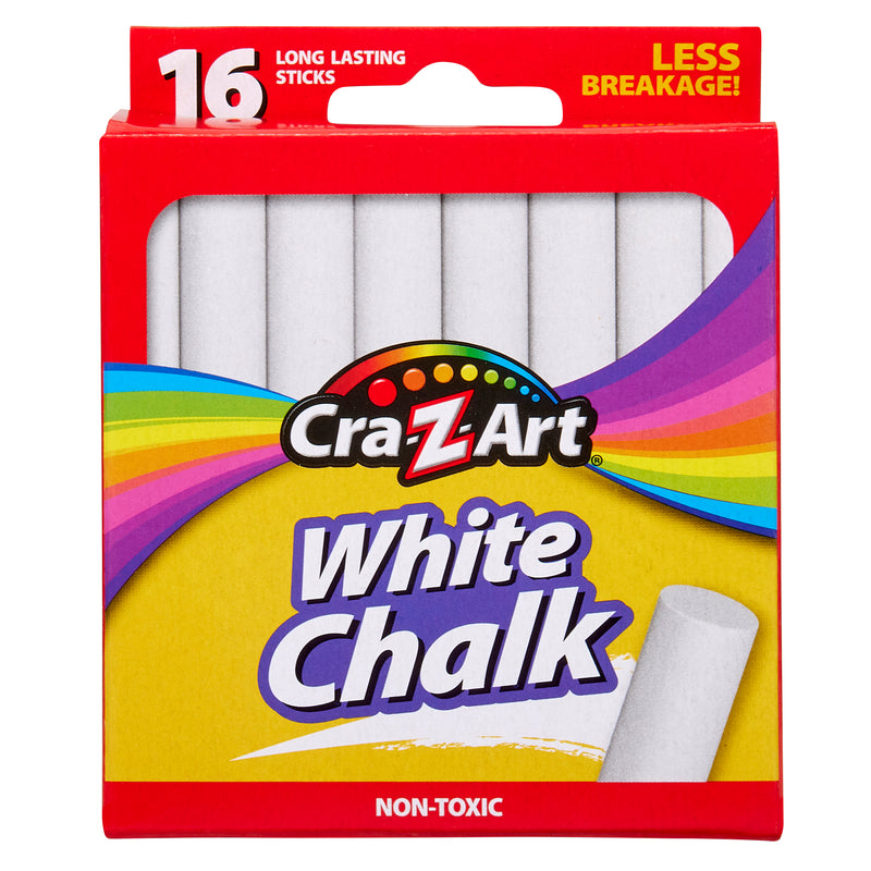 A box of 16 ct. White Chalk, peggable box containing 16 long-lasting sticks. The box is red with a rainbow design and promotes being non-toxic with less breakage.