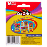 Back of a 16 ct. White Chalk, peggable box showcasing other products including crayons, colored pencils, markers, and chalk. The box highlights 16 pieces of white chalk and provides company and product information.