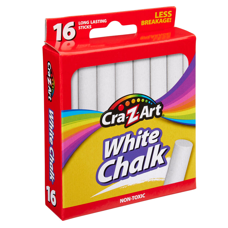 A red and yellow package of 16 ct. White Chalk, peggable box, containing 16 long-lasting, non-toxic sticks and advertising less breakage.
