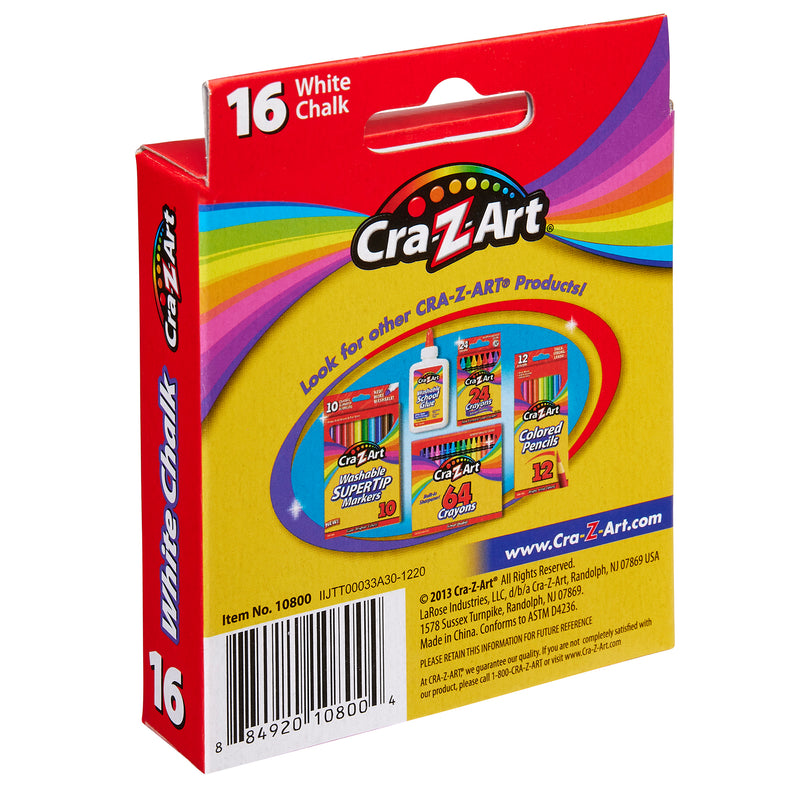 Back view of a 16 ct. White Chalk, peggable box with colorful packaging and images of other products. The product information, barcode, and company details are visible at the bottom.