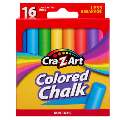 A box of Cra-Z-Art Chalk - Color 16 Count with long-lasting, non-toxic sticks in a variety of colors, labeled "Less Breakage!".
