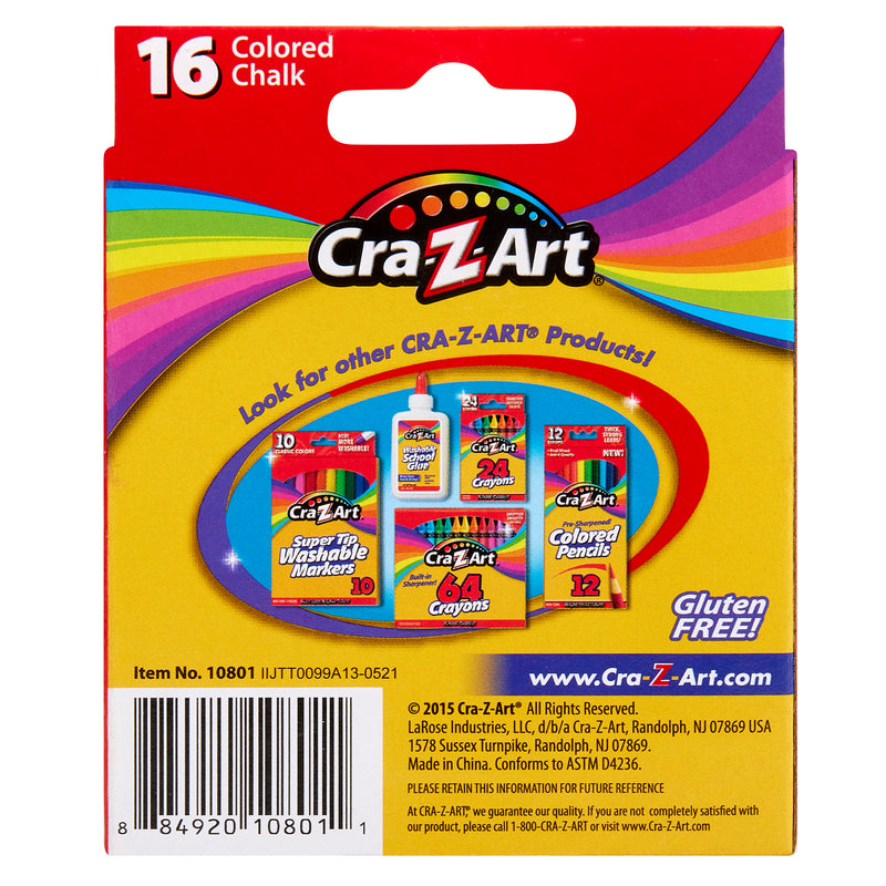Back of Cra-Z-Art Chalk - Color 16 Count box showing other products including washable markers, colored pencils, crayons, and advertising being gluten-free. Product details and barcode are visible.