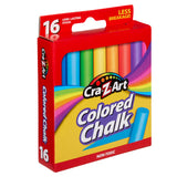 A red and yellow box of Cra-Z-Art Chalk - Color 16 Count containing 16 long-lasting, non-toxic colored chalk sticks with a "Less Breakage" claim.