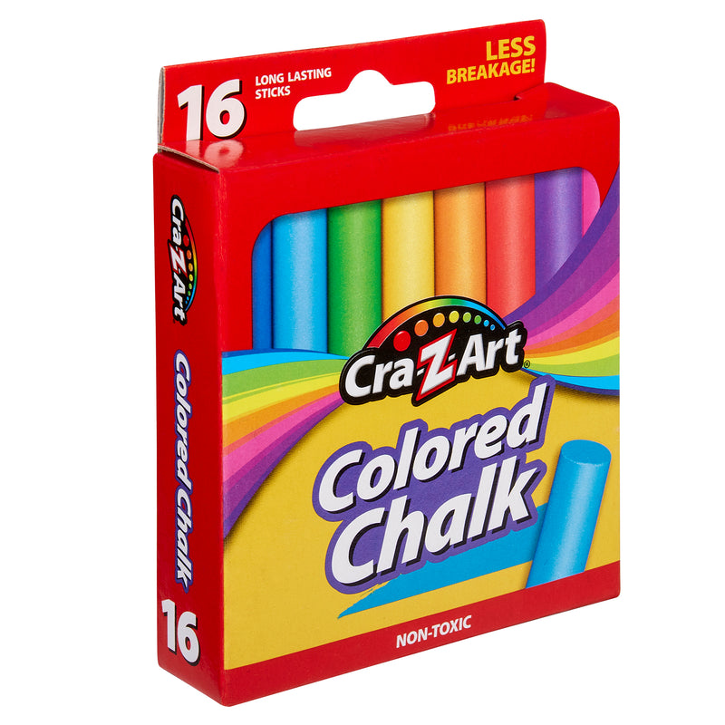 A red and yellow box of Cra-Z-Art Chalk - Color 16 Count containing 16 long-lasting, non-toxic colored chalk sticks with a "Less Breakage" claim.