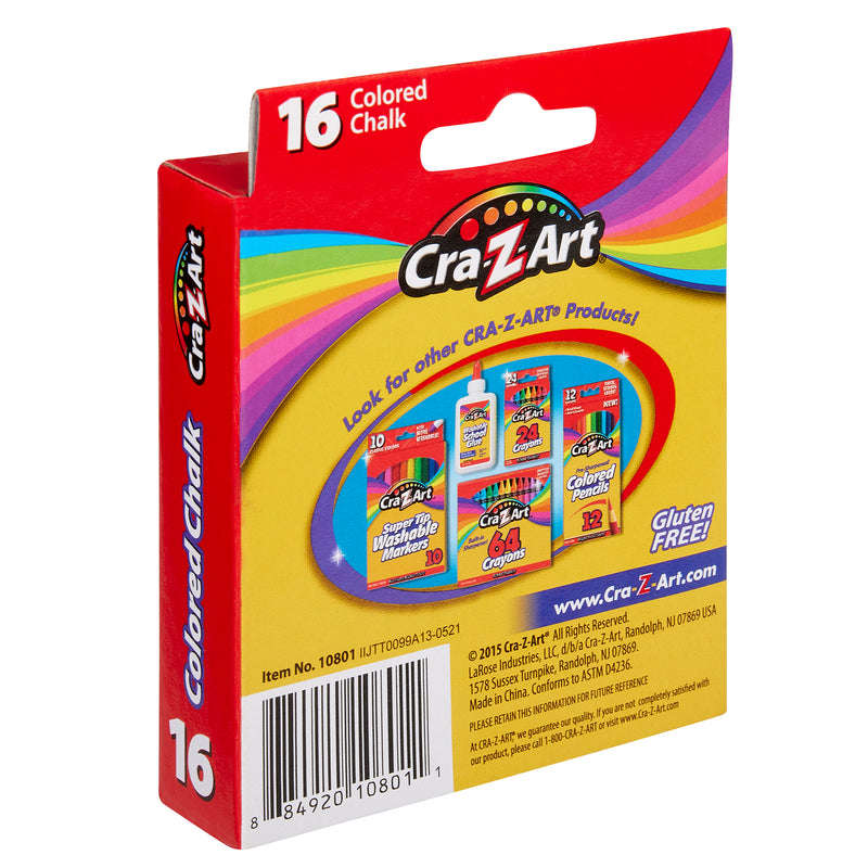 A box of Cra-Z-Art Chalk - Color 16 Count, containing 16 pieces. The back of the box advertises additional Cra-Z-Art products and states "Gluten Free.