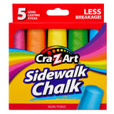 A red box of Cra-Z-Art 5-piece Washable Sidewalk Chalk: Portable Box, Endless Outdoor Creativity for Kids showing five long-lasting, colorful chalk sticks and labeling them as non-toxic with less breakage.
