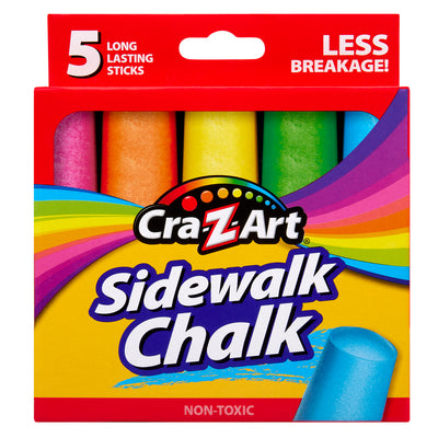A red box of Cra-Z-Art 5-piece Washable Sidewalk Chalk: Portable Box, Endless Outdoor Creativity for Kids showing five long-lasting, colorful chalk sticks and labeling them as non-toxic with less breakage.