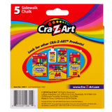 Back of a Cra-Z-Art 5-piece Washable Sidewalk Chalk: Portable Box, Endless Outdoor Creativity for Kids showing five sticks. The packaging advertises other Cra-Z-Art products like markers, crayons, and colored pencils. Contains copyright and contact information.