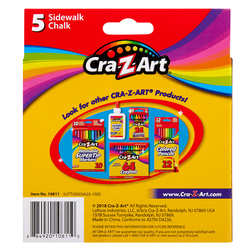 Back of a Cra-Z-Art 5-piece Washable Sidewalk Chalk: Portable Box, Endless Outdoor Creativity for Kids showing five sticks. The packaging advertises other Cra-Z-Art products like markers, crayons, and colored pencils. Contains copyright and contact information.