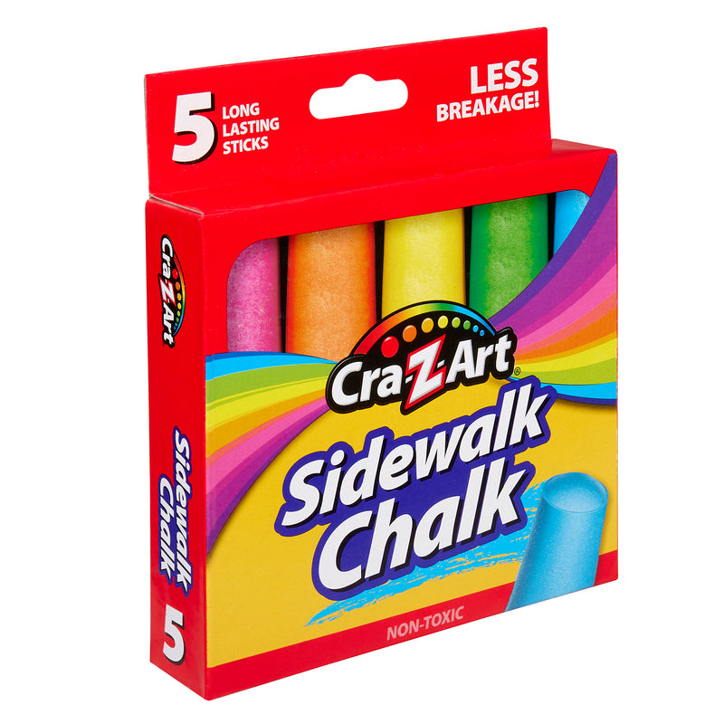 A red and yellow box of Cra-Z-Art 5-piece Washable Sidewalk Chalk: Portable Box, Endless Outdoor Creativity for Kids with five colorful long-lasting sticks and a claim of "Less Breakage!" The chalk is non-toxic.