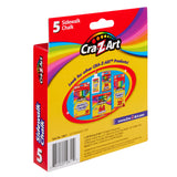 A box of Cra-Z-Art 5-piece washable sidewalk chalk in red and yellow. The front of the portable box showcases images of other Cra-Z-Art products and features the text "Cra-Z-Art 5-piece Washable Sidewalk Chalk," making it perfect for kids' outdoor creativity.