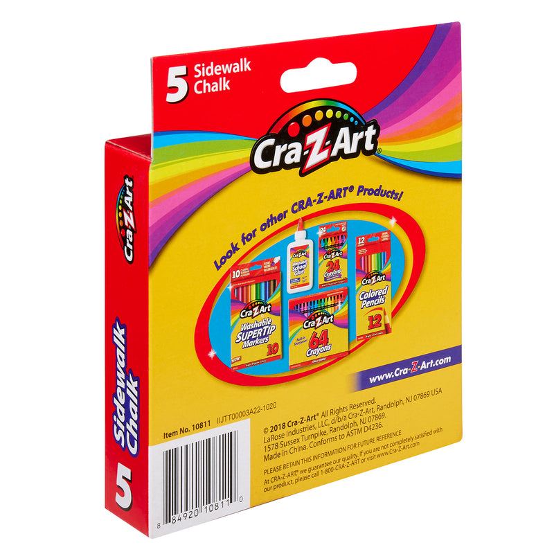 A box of Cra-Z-Art 5-piece washable sidewalk chalk in red and yellow. The front of the portable box showcases images of other Cra-Z-Art products and features the text "Cra-Z-Art 5-piece Washable Sidewalk Chalk," making it perfect for kids' outdoor creativity.