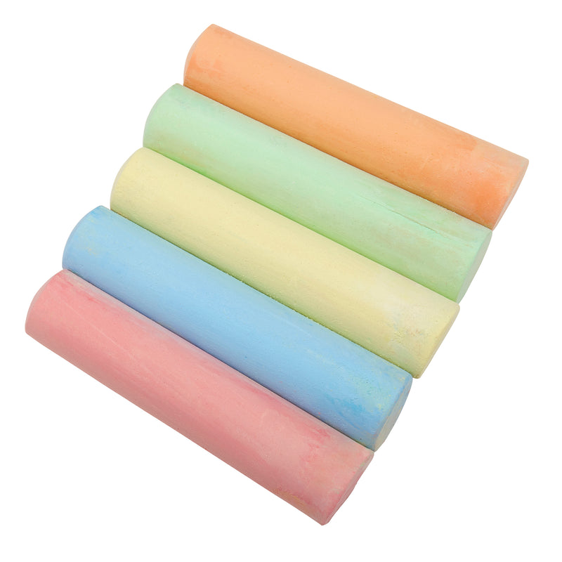Five sticks of Cra-Z-Art 5-piece Washable Sidewalk Chalk: Portable Box, Endless Outdoor Creativity for Kids in pink, blue, yellow, green, and orange are arranged in a row on a white background.