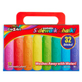A box of Cra-Z-Art 32-piece Washable Sidewalk Chalk: Portable Box, Endless Outdoor Creativity for Kids containing 32 sticks in 12 different colors, designed for children aged 4 and up. The chalk is non-toxic and washes away with water.