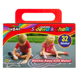 A box of Cra-Z-Art 32-piece Washable Sidewalk Chalk: Portable Box, Endless Outdoor Creativity for Kids featuring two children drawing with chalk. The box contains 32 sticks in 12 different colors and states "Washes Away with Water!" for ages 4 and up.