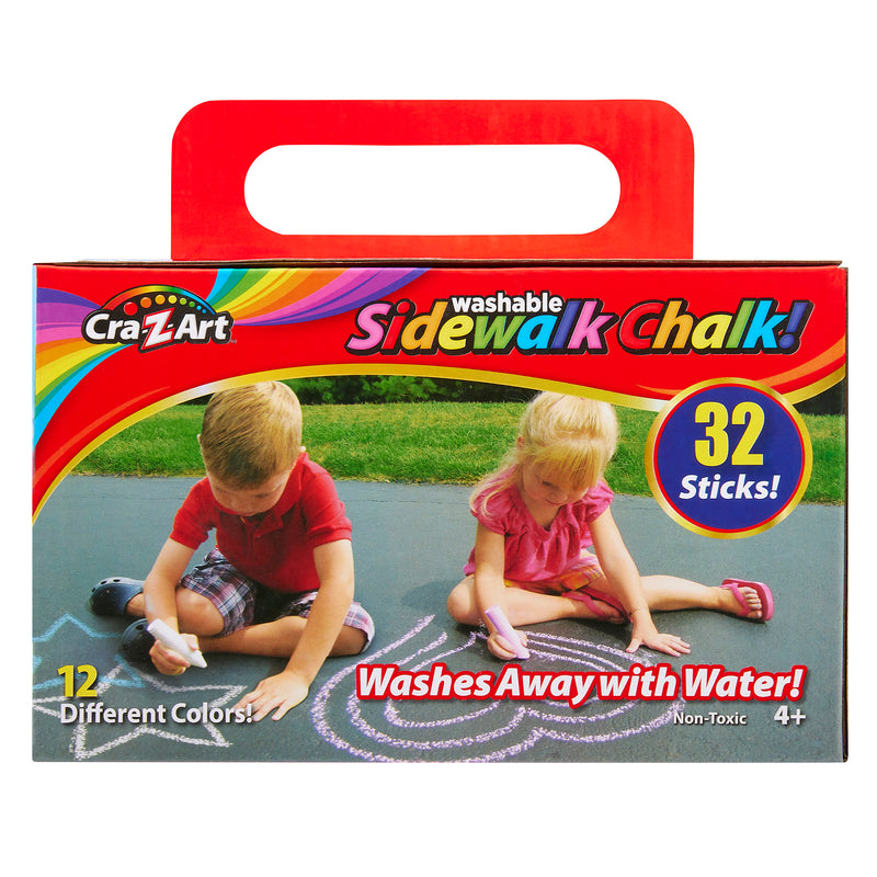 A box of Cra-Z-Art 32-piece Washable Sidewalk Chalk: Portable Box, Endless Outdoor Creativity for Kids featuring two children drawing with chalk. The box contains 32 sticks in 12 different colors and states "Washes Away with Water!" for ages 4 and up.