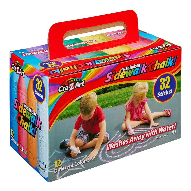A box of Cra-Z-Art 32-piece Washable Sidewalk Chalk: Portable Box, Endless Outdoor Creativity for Kids featuring 32 sticks in 12 different colors, with a plastic handle.