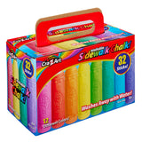 A box of Cra-Z-Art 32-piece Washable Sidewalk Chalk: Portable Box, Endless Outdoor Creativity for Kids with 32 sticks in 12 different colors. The box has a handle and touts that the chalk washes away with water.
