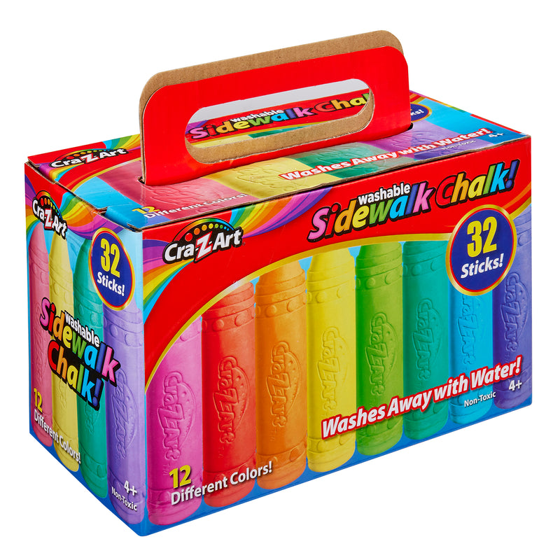 A box of Cra-Z-Art 32-piece Washable Sidewalk Chalk: Portable Box, Endless Outdoor Creativity for Kids with 32 sticks in 12 different colors. The box has a handle and touts that the chalk washes away with water.