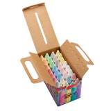 An open cardboard box containing 32 pieces of Cra-Z-Art 32-piece Washable Sidewalk Chalk: Portable Box, Endless Outdoor Creativity for Kids in various colors. The chalk sticks are arranged in four rows.