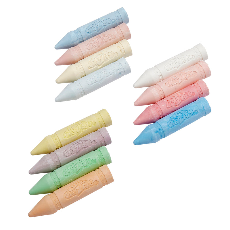 Nine Cra-Z-Art 32-piece Washable Sidewalk Chalk: Portable Box, Endless Outdoor Creativity for Kids arranged in groups of three, showcasing different shades including pink, blue, yellow, green, white, and peach.