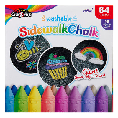 Cra-Z-Art 64-piece Washable Sidewalk Chalk: Portable Box, Endless Outdoor Creativity for Kids containing 64 sticks in various colors, featuring illustrations of a bee, a cupcake, and a rainbow on the front.