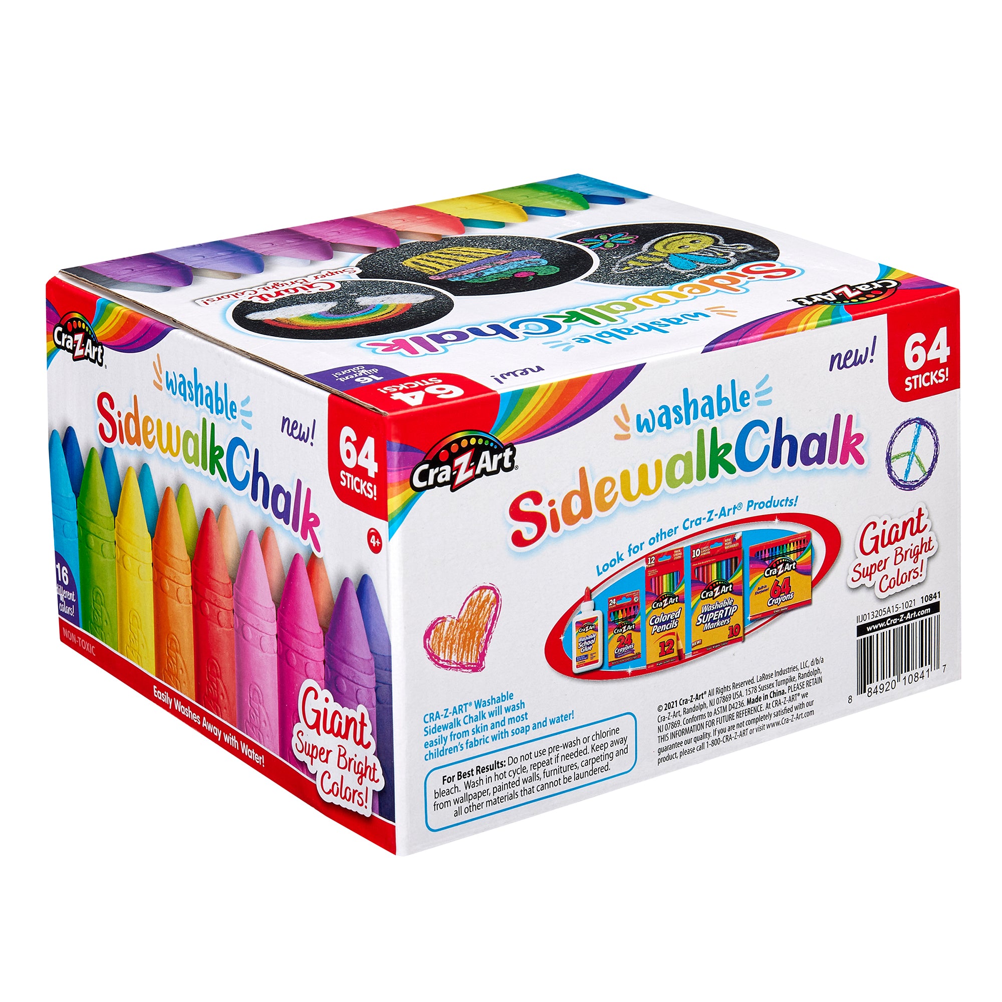 Cra-Z-Art Washable Sidewalk Chalk – 64 Count, 16 Colors, Outdoor Art S