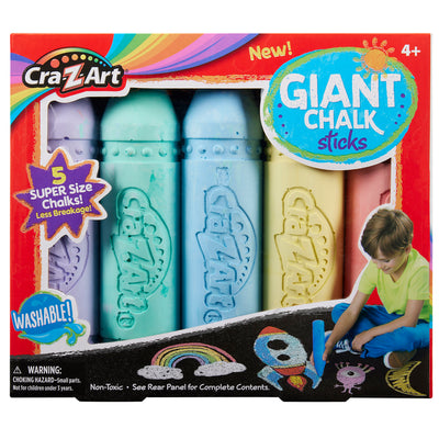 Box of Cra-Z-Art Super Jumbo Chalk Sticks 5 Count containing five large pieces of colorful chalk. Suitable for ages 4 and up, washable, and non-toxic. Includes illustrations on the box showing chalk drawings.