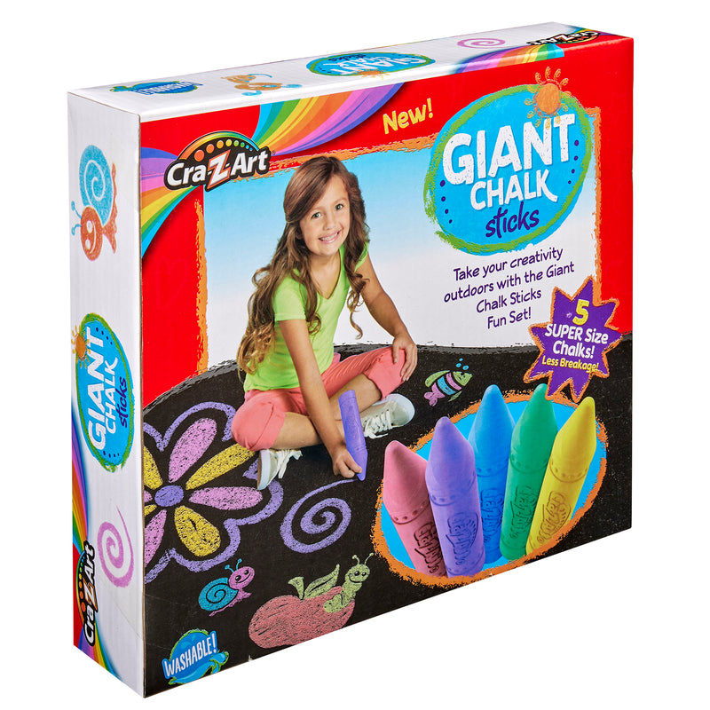 A child's art set box featuring a girl holding chunky sidewalk chalk. The set contains five colorful, large chalk sticks suitable for outdoor use. The packaging displays vibrant artwork and product details of Cra-Z-Art Super Jumbo Chalk Sticks 5 Count.