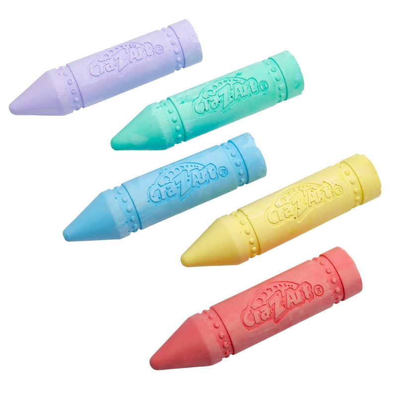 Five colorful Cra-Z-Art Super Jumbo Chalk Sticks 5 Count in purple, green, blue, yellow, and red arranged in a row on a white background.