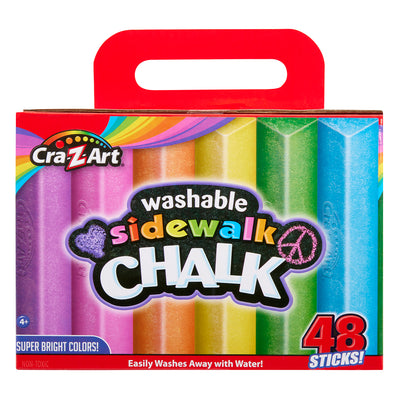 A box of Cra-Z-Art Washable Triangle Sidewalk Chalk Set 48 Count. The packaging highlights that the chalk is non-toxic and easily washes away with water. Suitable for ages 4 and up.