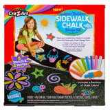 Cra-Z-Art Indoor Outdoor Sidewalk Chalk Design Set includes 6 chalk sticks, holder, 5 stencils, and 2 stamps. Girl drawing with chalk on a black mat, showcasing various designs. Washable, for indoor/outdoor use.
