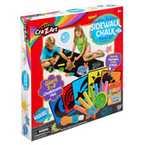 Two children play with a Cra-Z-Art Indoor Outdoor Sidewalk Chalk Design Set, which includes colored chalks, a chalkboard mat, stencils, stampers, and chalk holders. The set is suitable for ages 4 and up.