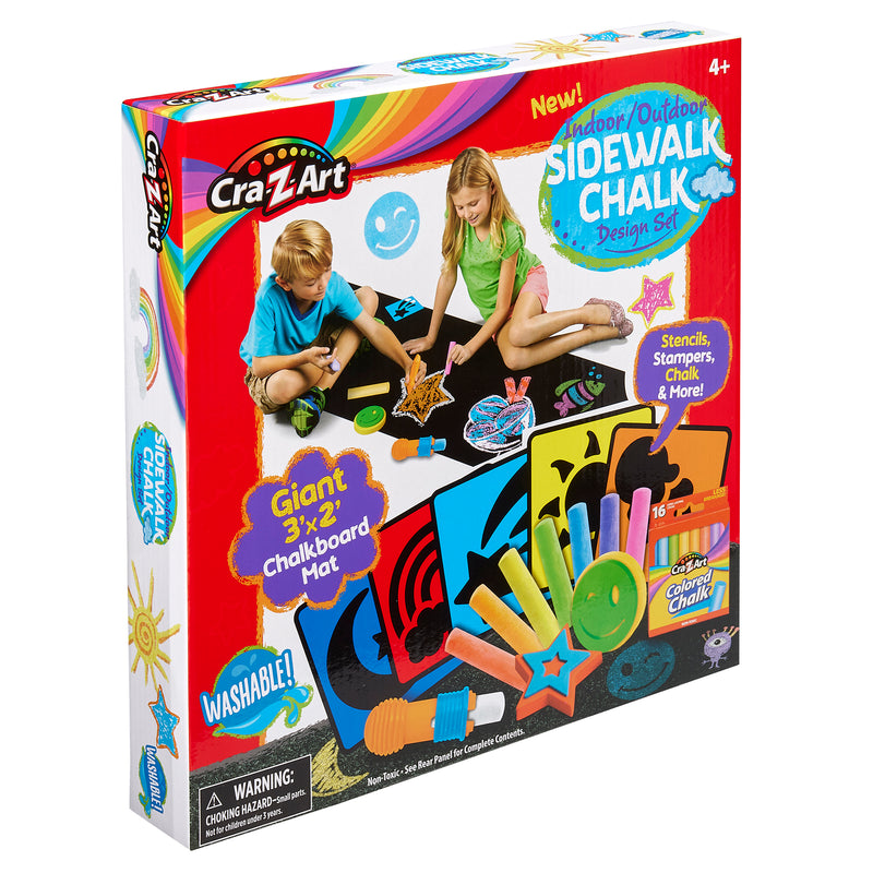 Two children play with a Cra-Z-Art Indoor Outdoor Sidewalk Chalk Design Set, which includes colored chalks, a chalkboard mat, stencils, stampers, and chalk holders. The set is suitable for ages 4 and up.