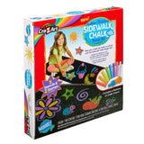 Box of Cra-Z-Art Indoor Outdoor Sidewalk Chalk Design Set, featuring a child drawing with colorful chalk, stencils, and stamps. Includes 11 chalk pieces and 5 stencils/stamps. Suitable for creative play.