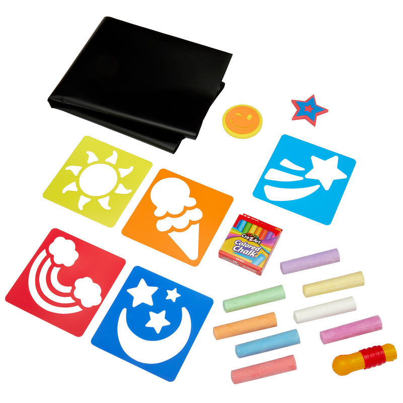 A Cra-Z-Art Indoor Outdoor Sidewalk Chalk Design Set, black chalkboard paper, various stencils with shapes like a star, rainbow, and moon, and chalk accessories arranged neatly on a white background.