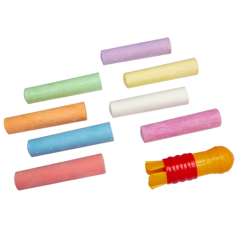 Cra-Z-Art Indoor Outdoor Sidewalk Chalk Design Set and a yellow piece of chalk copulated with a red and yellow chalk holder are scattered on a white background.