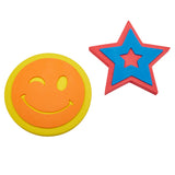 A Cra-Z-Art Indoor Outdoor Sidewalk Chalk Design Set next to a red and blue foam star with a star-shaped cutout in the center.