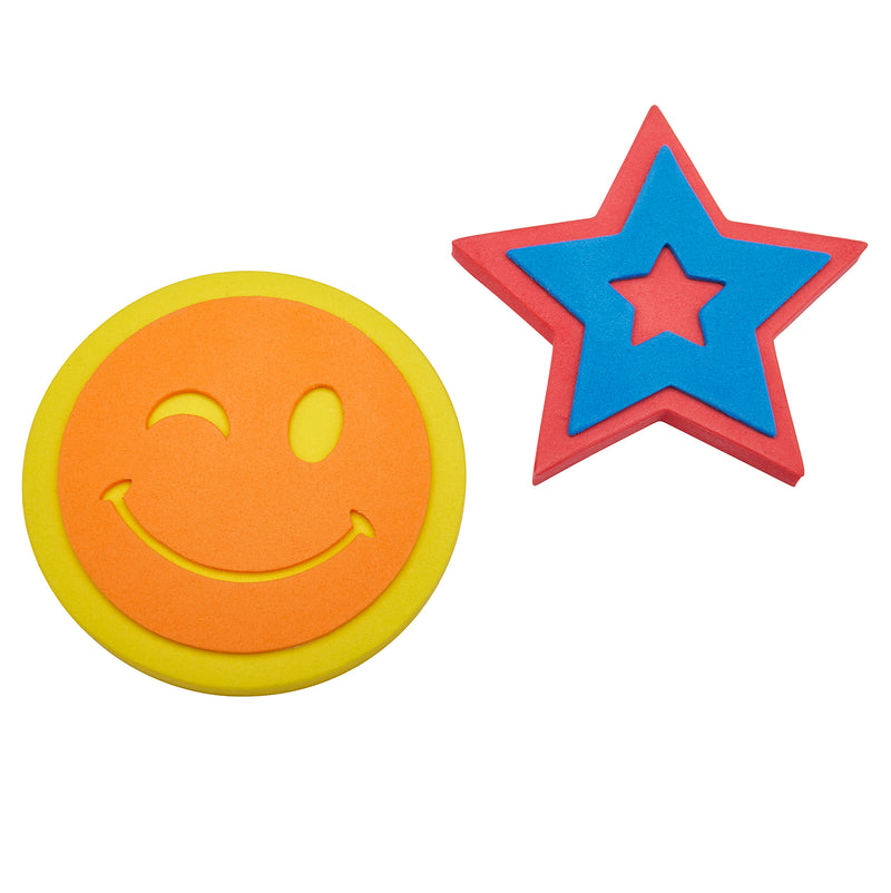 A Cra-Z-Art Indoor Outdoor Sidewalk Chalk Design Set next to a red and blue foam star with a star-shaped cutout in the center.