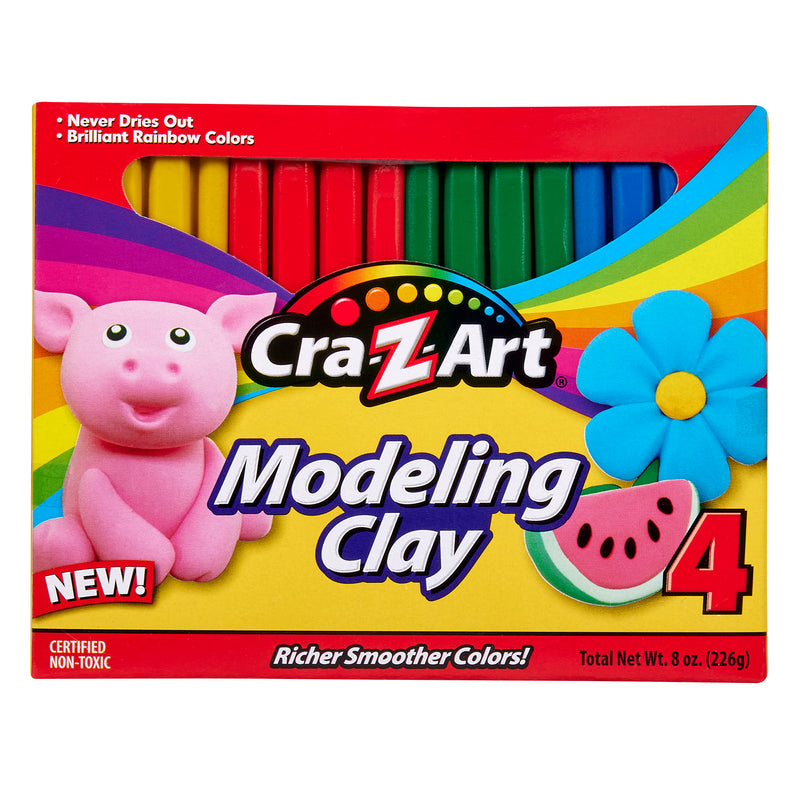Packaging for 4 Color Modeling Clay, 4 pieces per 4 Color, 16 pieces Total, featuring colorful clay sticks, a pink pig, a blue flower, and a watermelon slice. Includes text: "New! Never Dries Out, Brilliant Rainbow Colors, Non-Toxic.