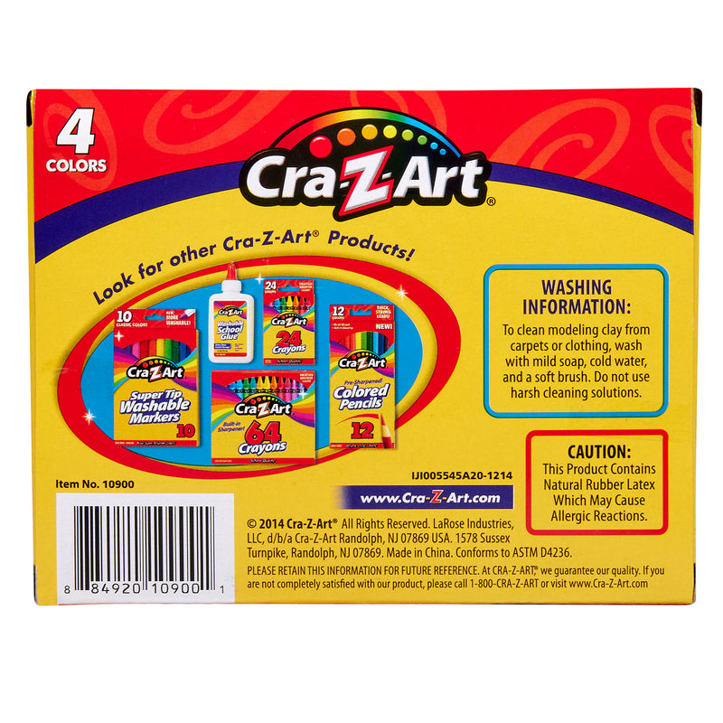 The back of a Cra-Z-Art packaging shows product details, including washing instructions, a caution about natural rubber latex, and images of 4 Color Modeling Clay, 4 pieces per 4 Color, 16 pieces Total.