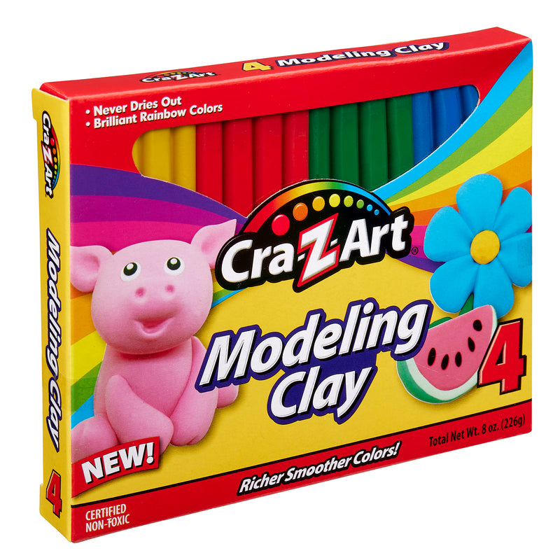 A box of 4 Color Modeling Clay, 4 pieces per 4 Color, 16 pieces Total featuring a pig, flower, and watermelon design. The box contains 8 oz (226g) of non-toxic, rainbow-colored clay sticks.